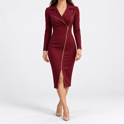 Roseline Comfort Zip-Front Midi Dress — Burgundy | Emory & Blanc