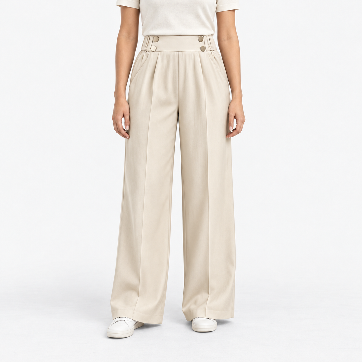 Roselle Relaxed Fit Button-Front Pants — Beige | Emory & Blanc