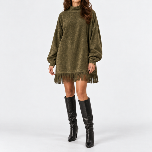 Rosina Soft Fringe Mini Dress — Army Green | Emory & Blanc