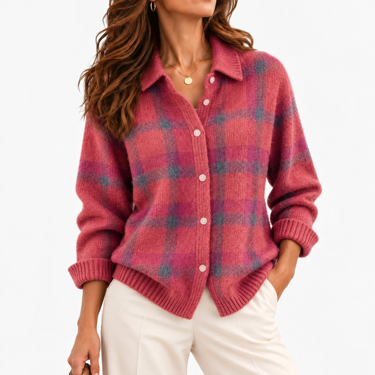 Rosine Soft Button-Front Cardigan — Coral Pink Plaid | Emory & Blanc