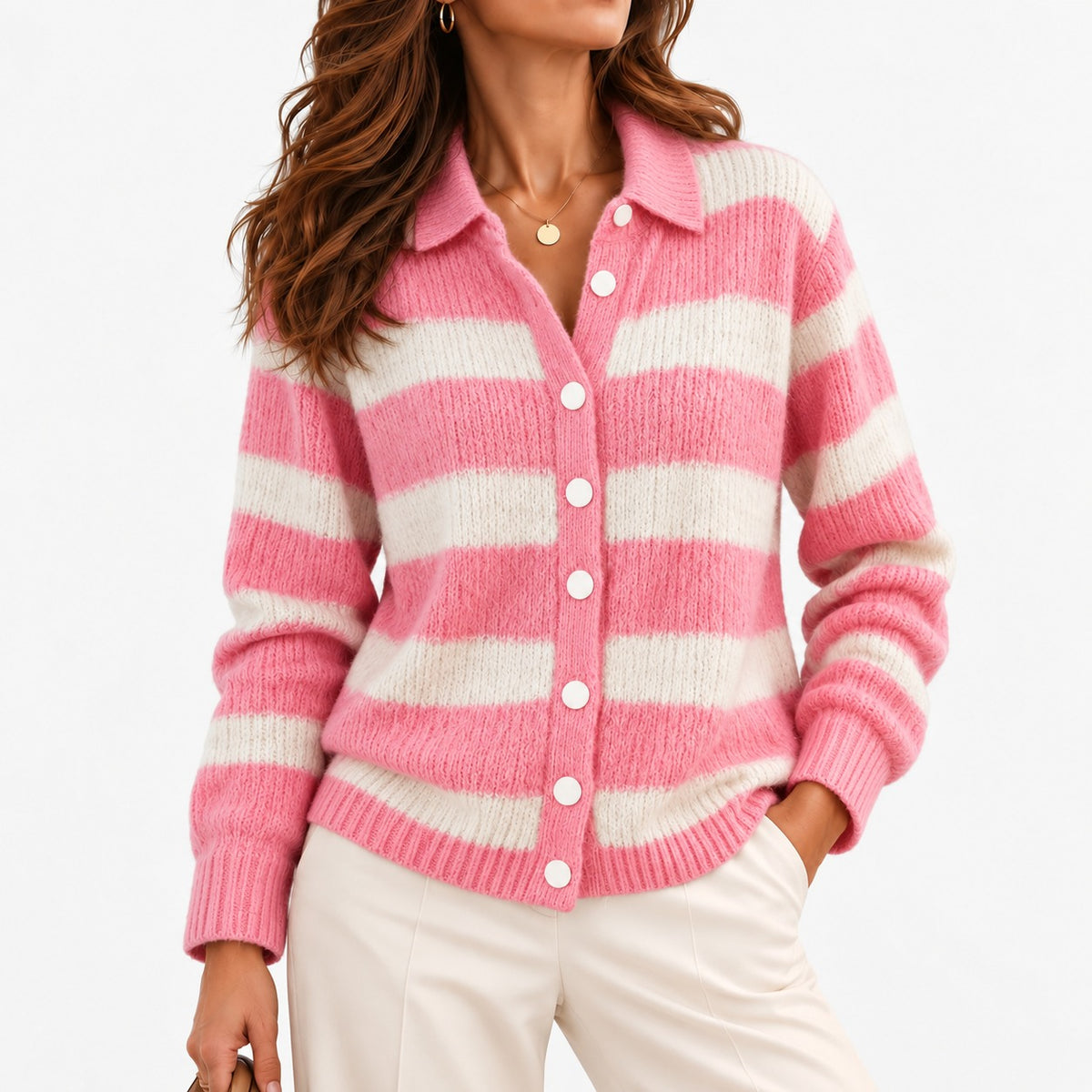 Rosine Soft Button-Front Cardigan — Pink & Ivory Stripe | Emory & Blanc