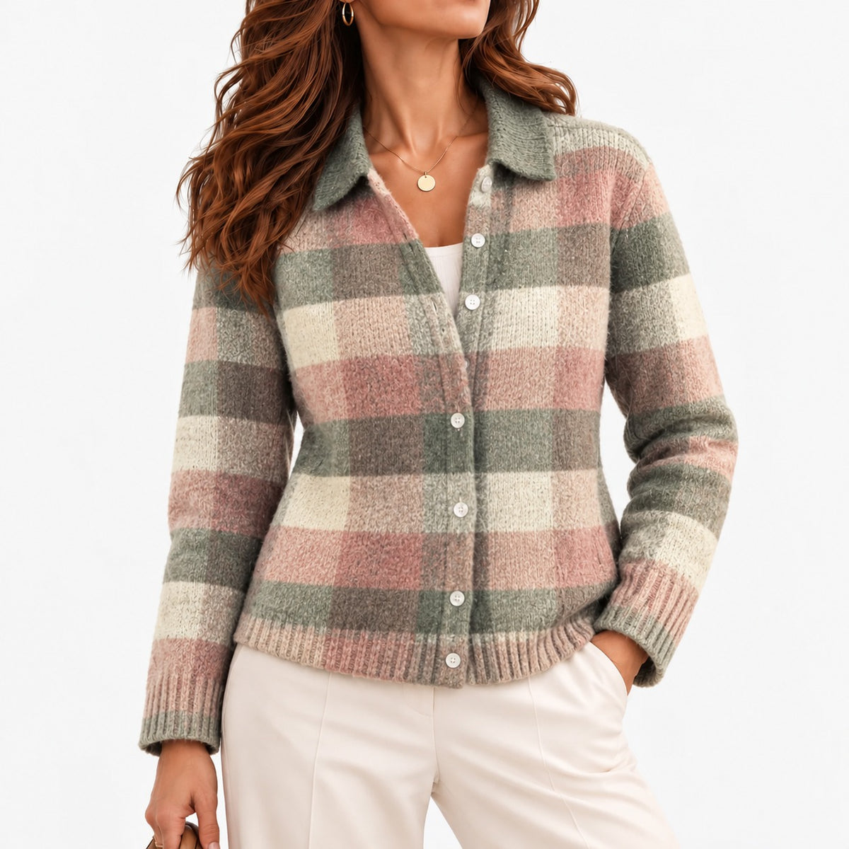 Rosine Soft Button-Front Cardigan — Sage & Blush Plaid | Emory & Blanc