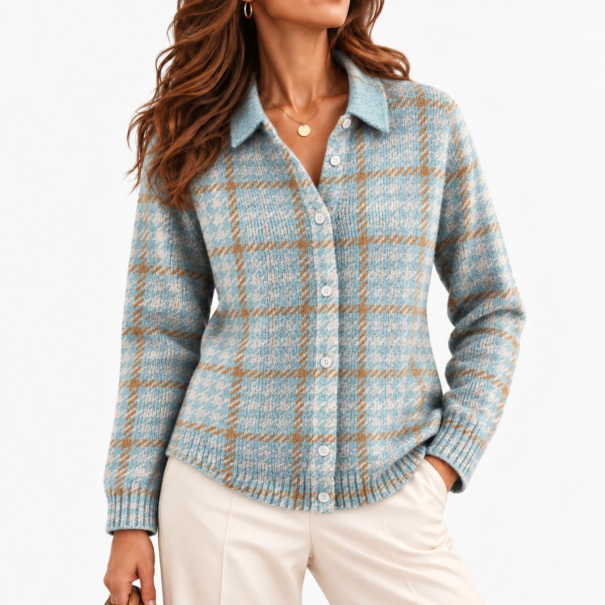 Rosine Soft Button-Front Cardigan — Sky Blue & Beige Plaid | Emory & Blanc