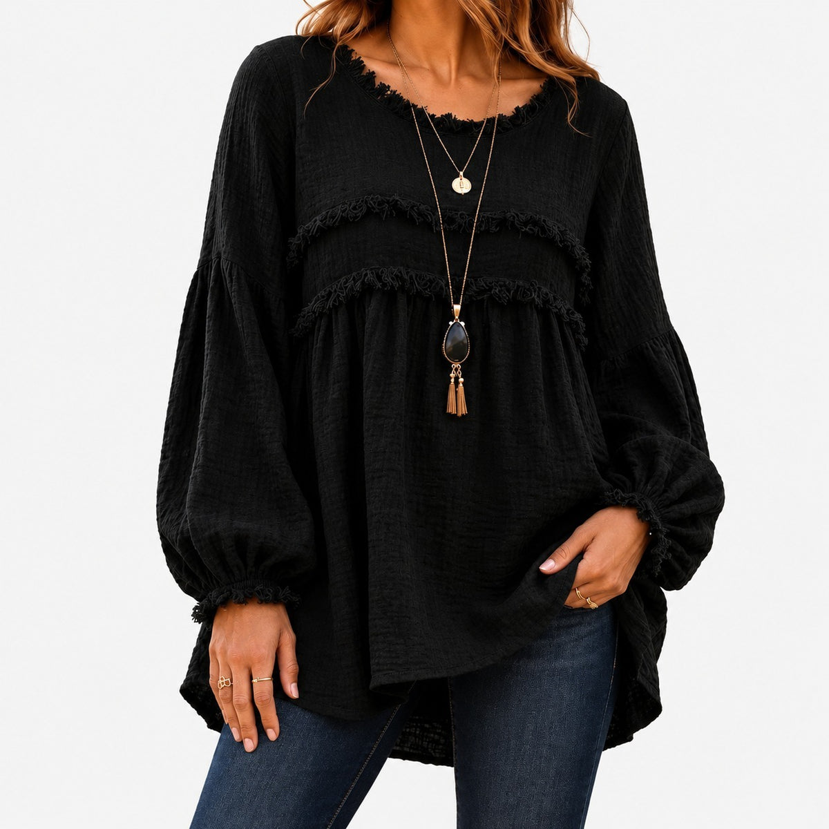 Sabina Relaxed Fit Fringe Tunic Blouse — Black | Emory & Blanc