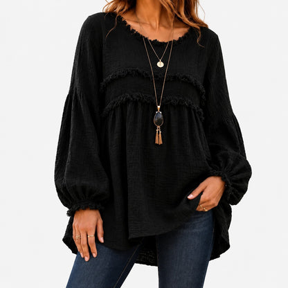 Sabina Relaxed Fit Fringe Tunic Blouse — Black | Emory & Blanc