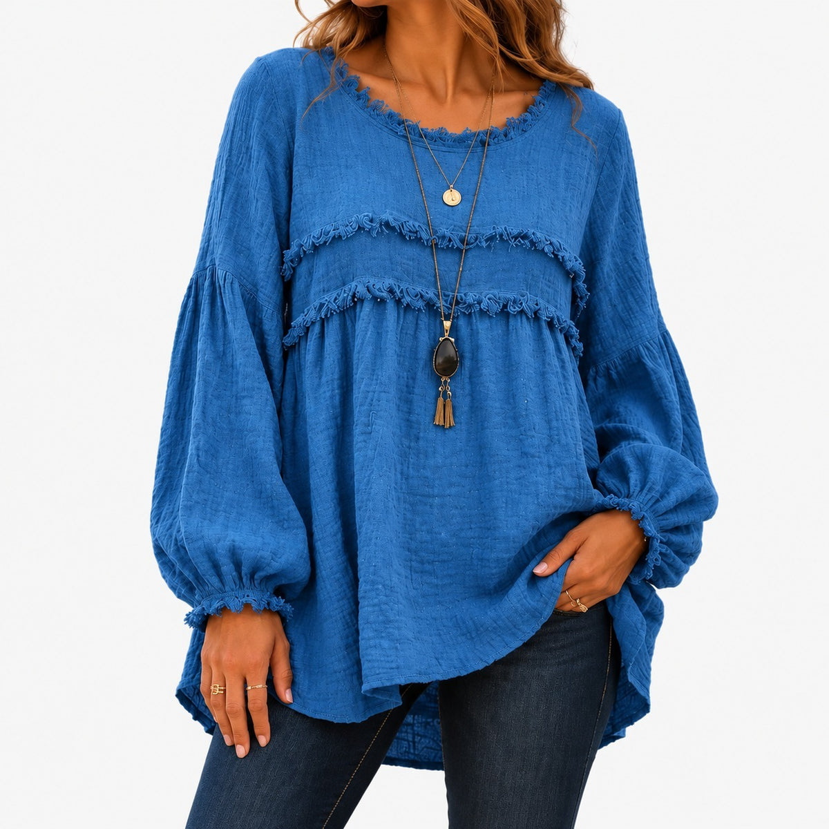 Sabina Relaxed Fit Fringe Tunic Blouse — Blue | Emory & Blanc