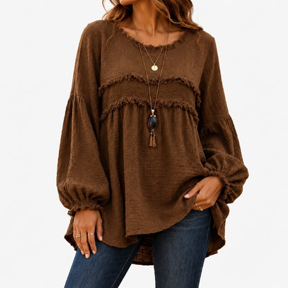 Sabina Relaxed Fit Fringe Tunic Blouse — Brown | Emory & Blanc