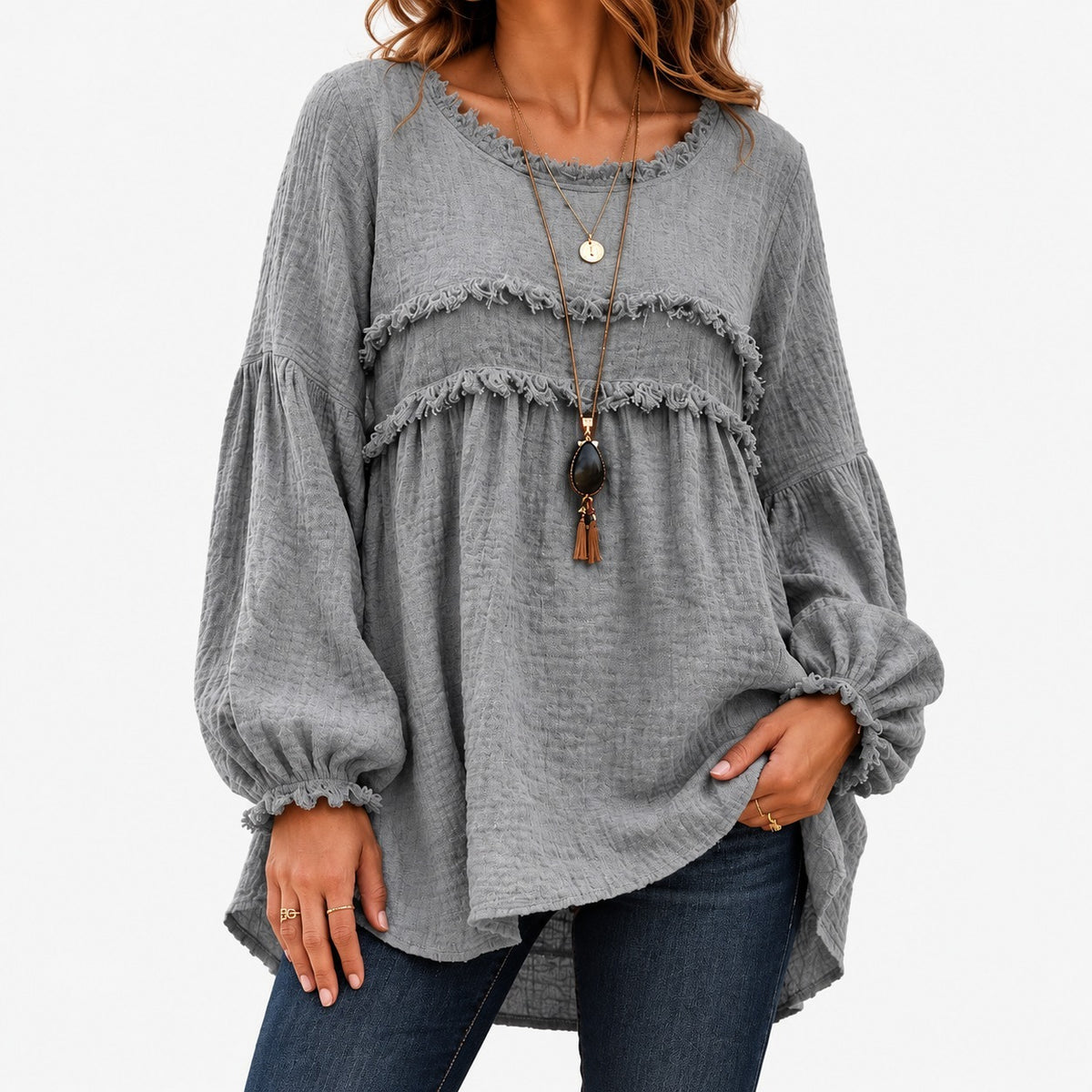 Sabina Relaxed Fit Fringe Tunic Blouse — Gray | Emory & Blanc