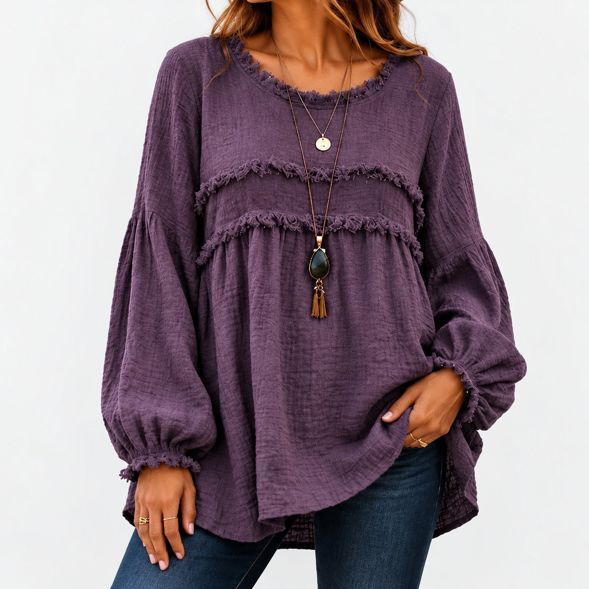 Sabina Relaxed Fit Fringe Tunic Blouse — Purple | Emory & Blanc