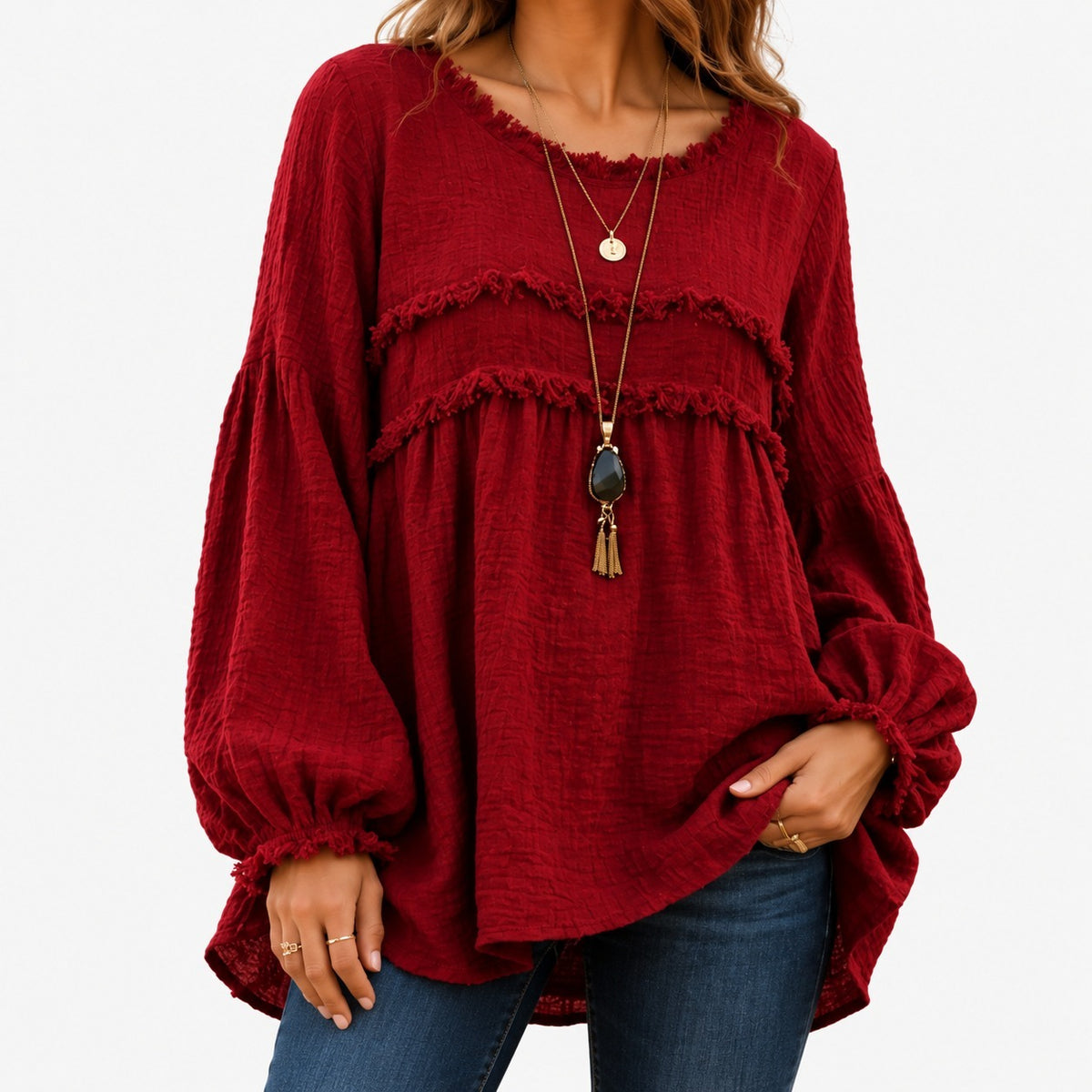 Sabina Relaxed Fit Fringe Tunic Blouse — Red | Emory & Blanc