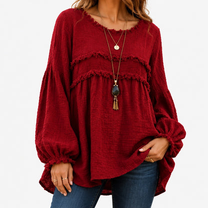 Sabina Relaxed Fit Fringe Tunic Blouse — Red | Emory & Blanc