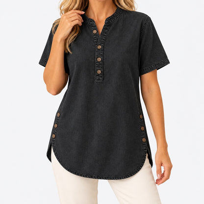 Selene Relaxed Fit Side-Button Tunic Top — Black | Emory & Blanc