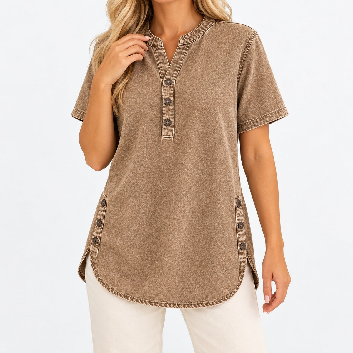 Selene Relaxed Fit Side-Button Tunic Top — Brown | Emory & Blanc