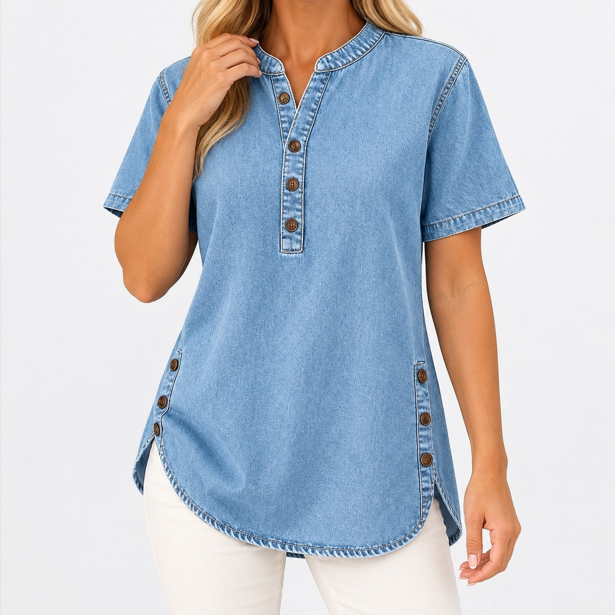 Selene Relaxed Fit Side-Button Tunic Top — Light Blue | Emory & Blanc