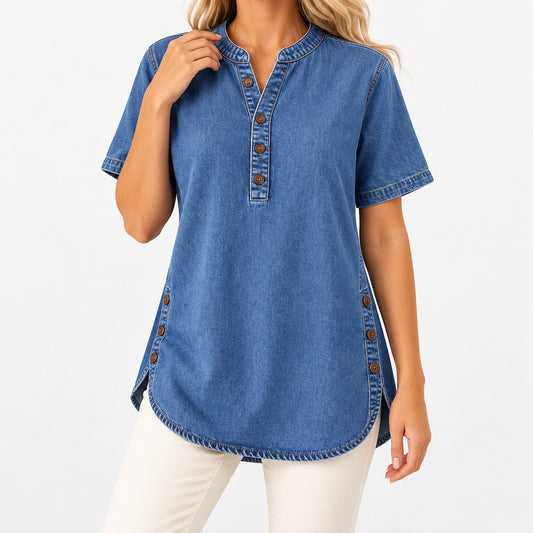Selene Relaxed Fit Side-Button Tunic Top — Navy | Emory & Blanc