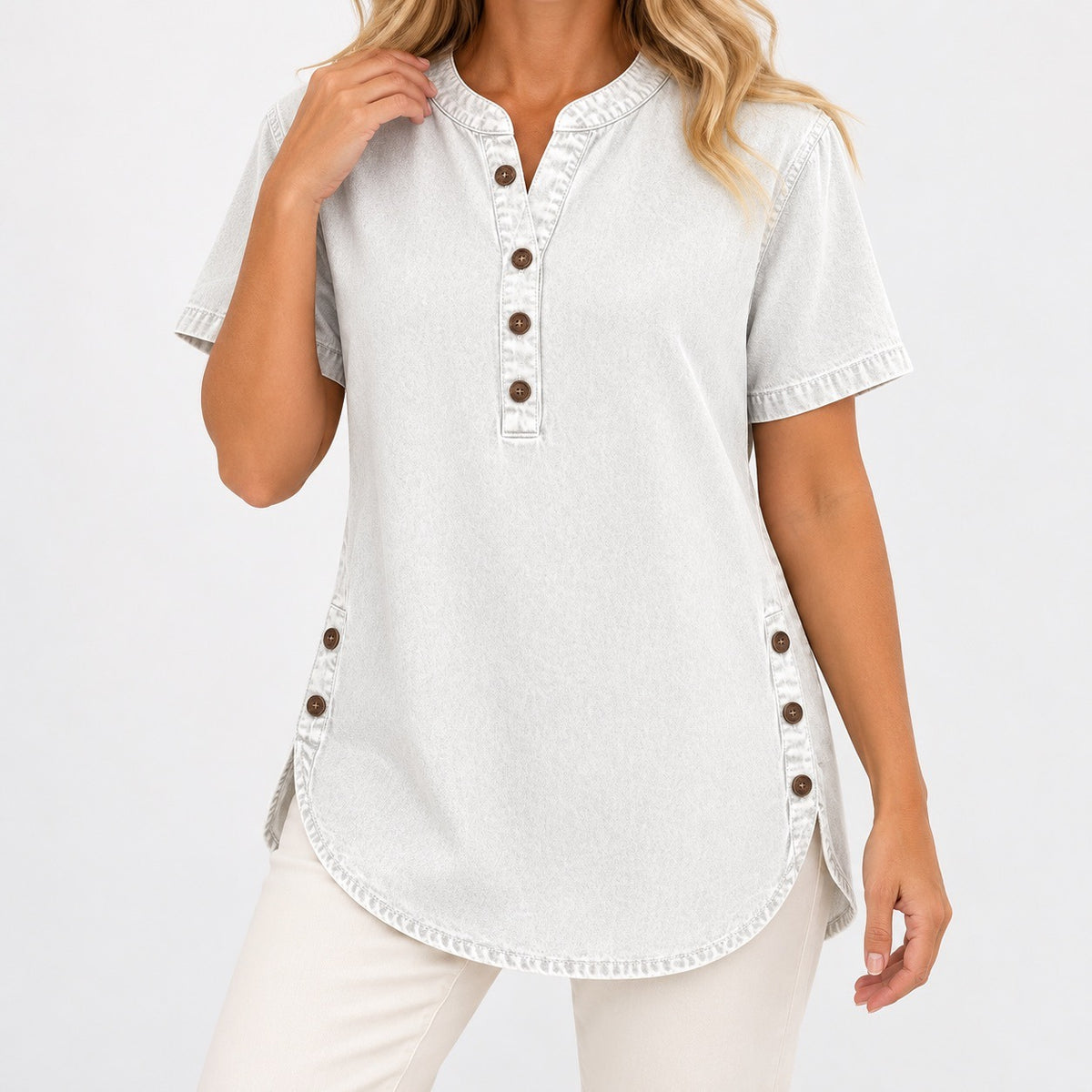 Selene Relaxed Fit Side-Button Tunic Top — White | Emory & Blanc
