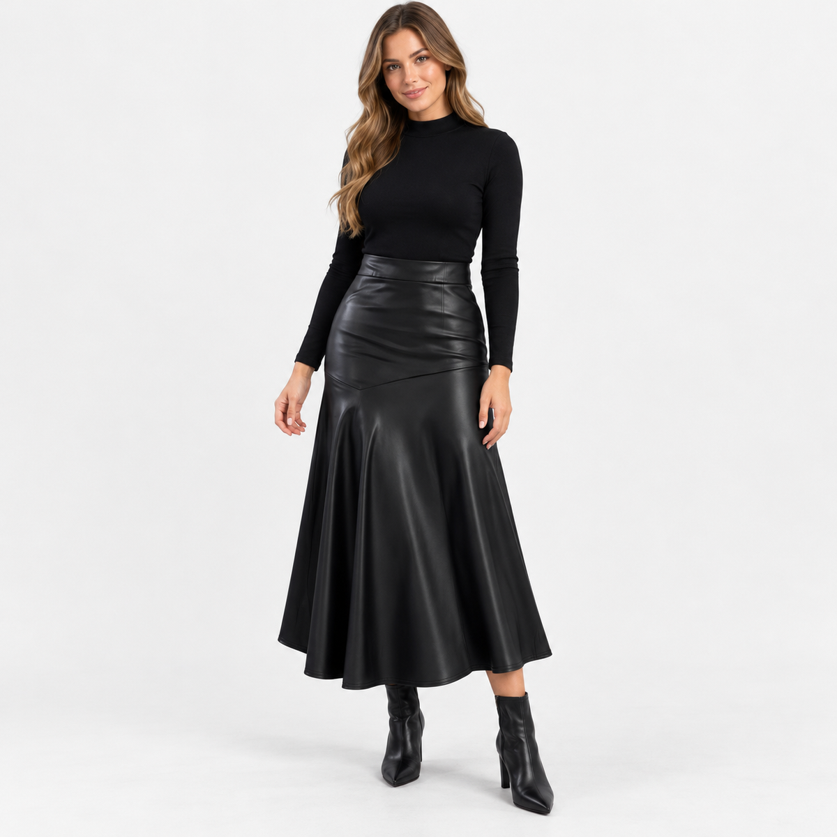 Serena Comfort Flared Midi Skirt — Black | Emory & Blanc
