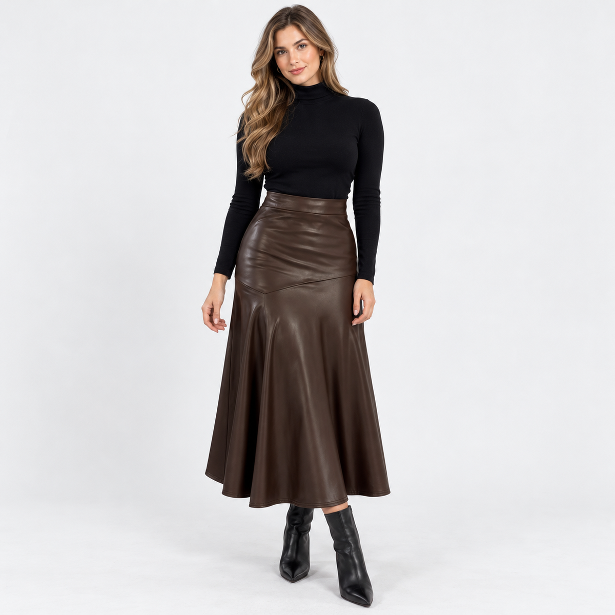 Serena Comfort Flared Midi Skirt — Dark Brown | Emory & Blanc