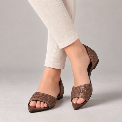 Severine Breathable Woven Peep-Toe Flats — Brown | Emory & Blanc