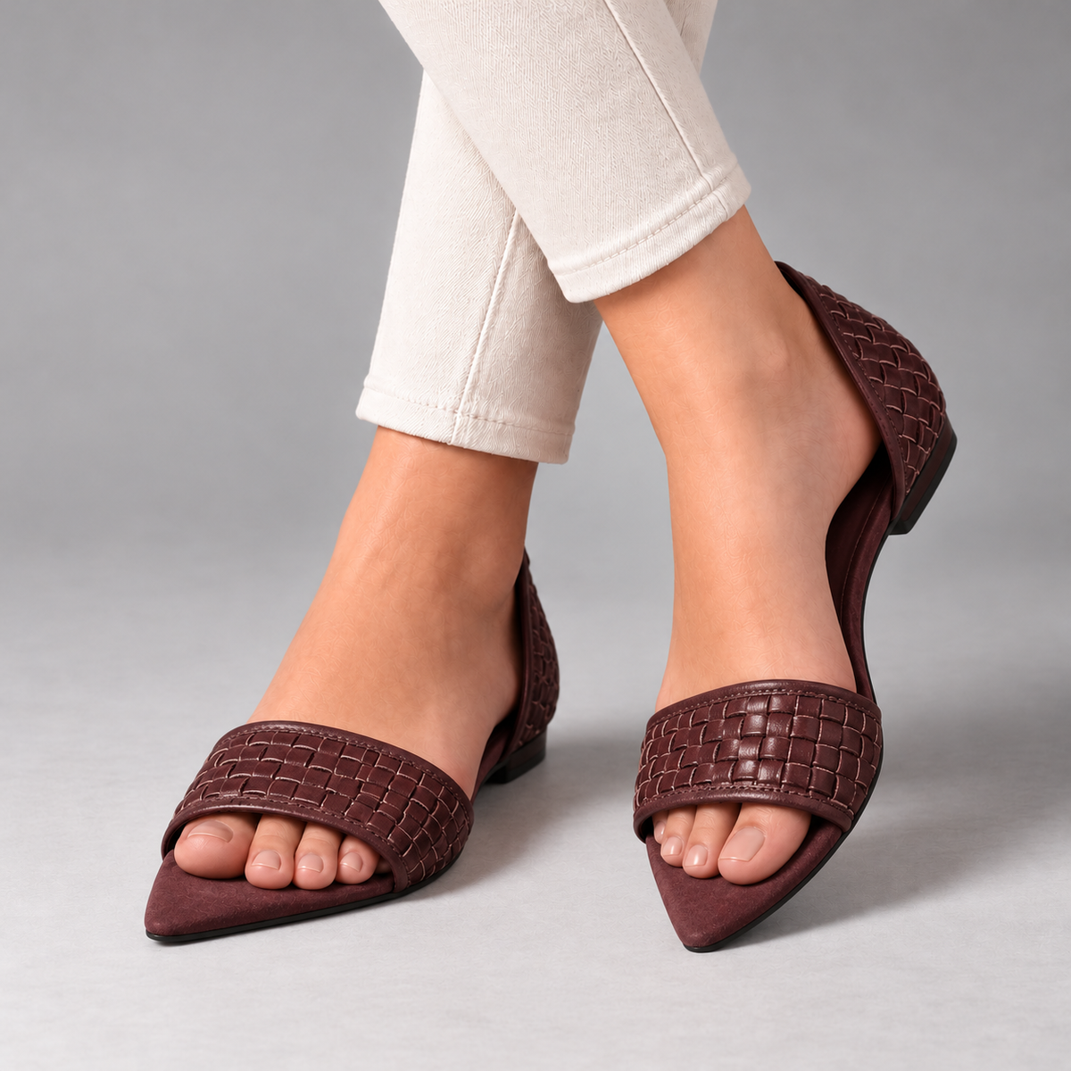 Severine Breathable Woven Peep-Toe Flats — Burgundy | Emory & Blanc