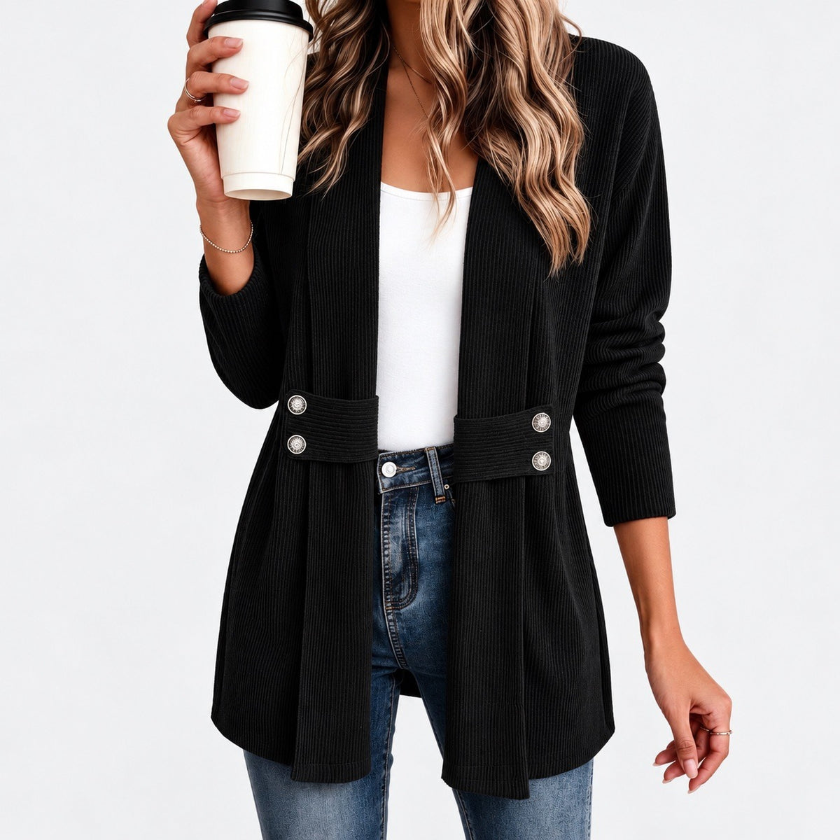 Sidonie Relaxed Fit Ribbed Jacket, Waist Tabs — Black | Emory & Blanc