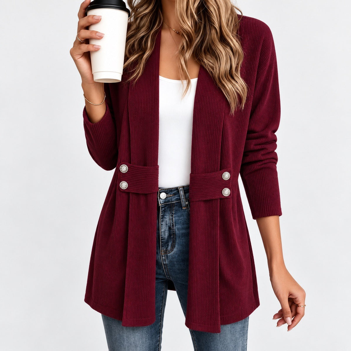 Sidonie Relaxed Fit Ribbed Jacket, Waist Tabs — Burgundy | Emory & Blanc