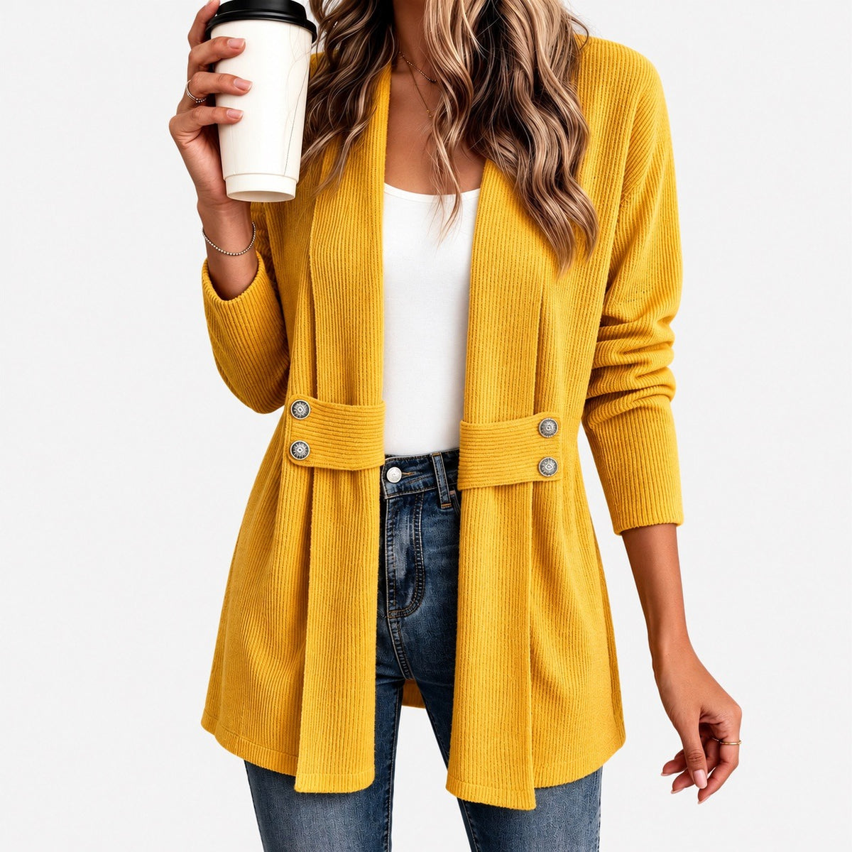 Sidonie Relaxed Fit Ribbed Jacket, Waist Tabs — Gold | Emory & Blanc