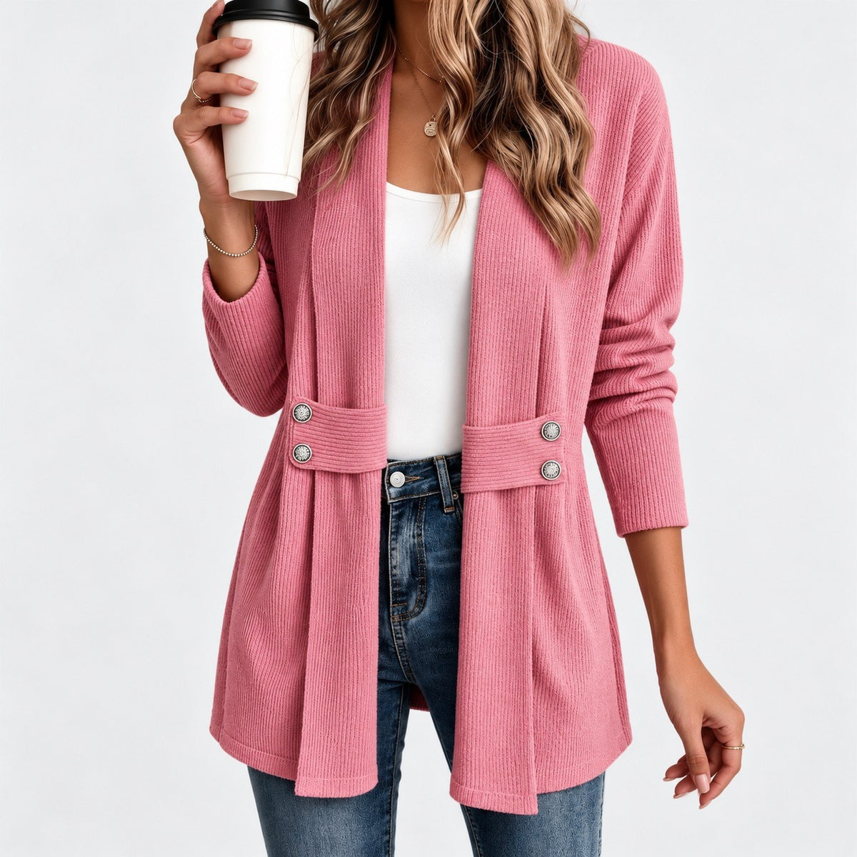 Sidonie Relaxed Fit Ribbed Jacket, Waist Tabs — Pink / Red | Emory & Blanc