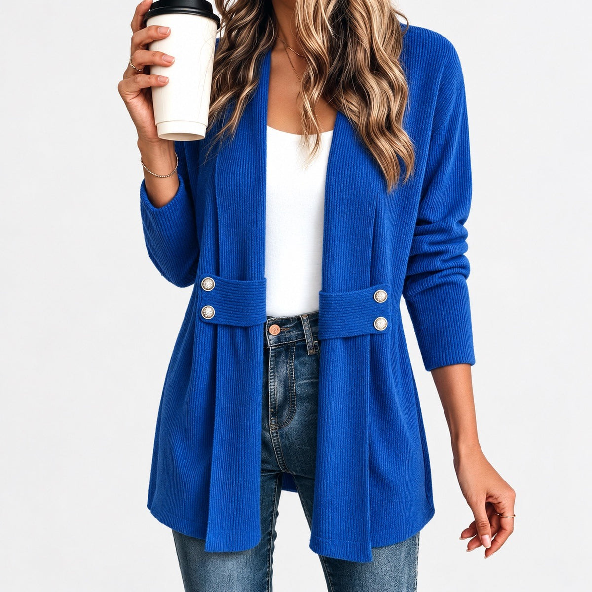 Sidonie Relaxed Fit Ribbed Jacket, Waist Tabs — Royal Blue | Emory & Blanc