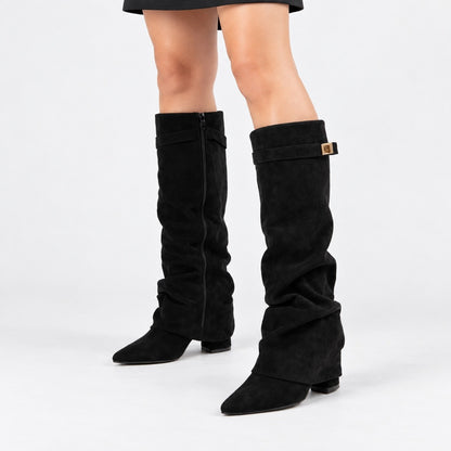 Sybil Relaxed Fit Slouch Boots, Pointed Toe — Suede Black | Emory & Blanc