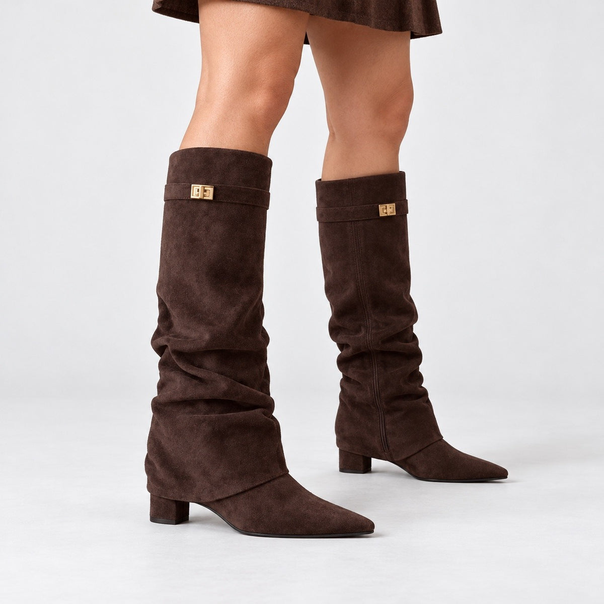 Sybil Relaxed Fit Slouch Boots, Pointed Toe — Suede Brown | Emory & Blanc