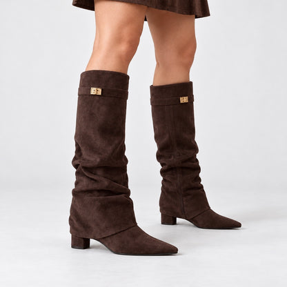 Sybil Relaxed Fit Slouch Boots, Pointed Toe — Suede Brown | Emory & Blanc