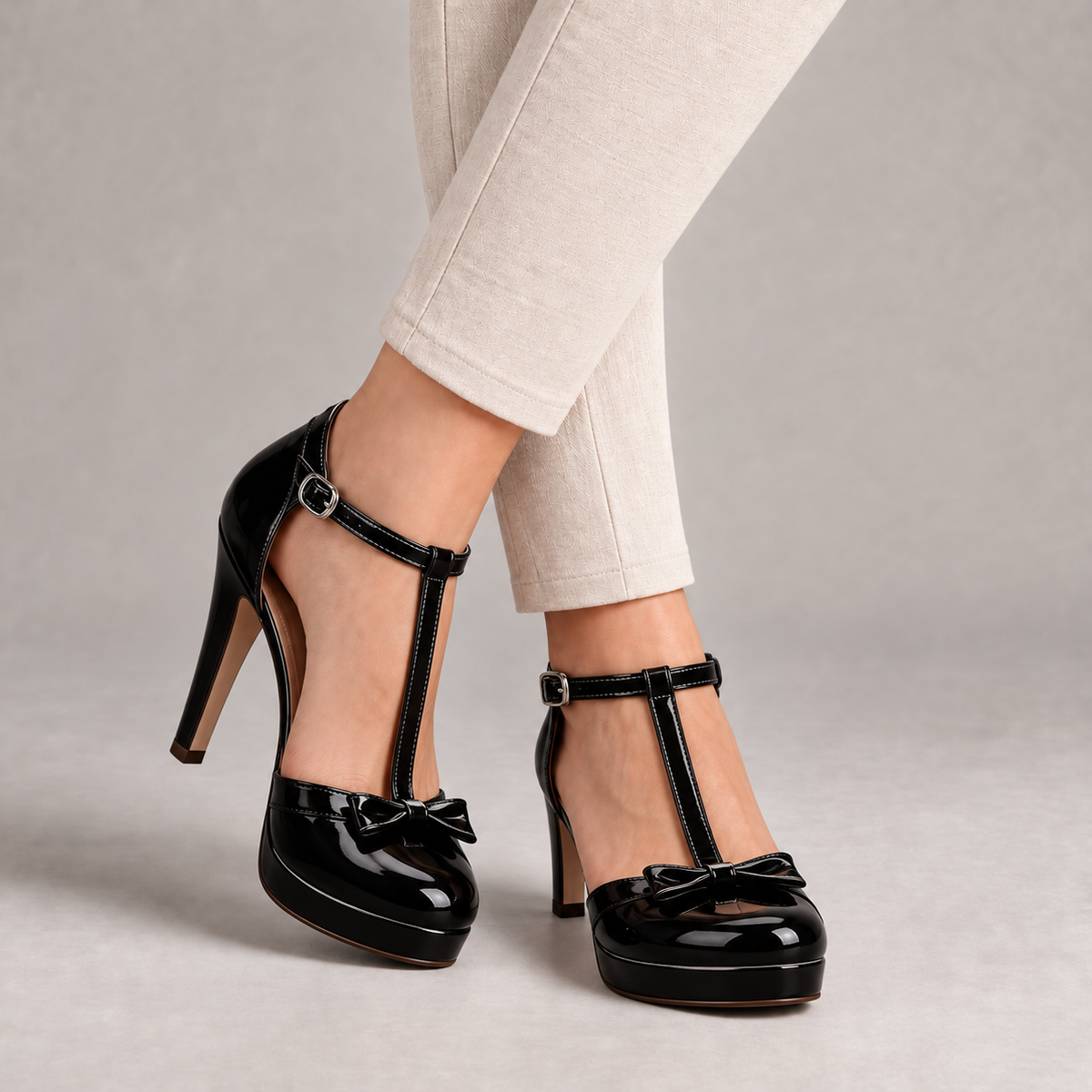 Sylvie Secure-Strap Platform Pumps, Bow — Black | Emory & Blanc
