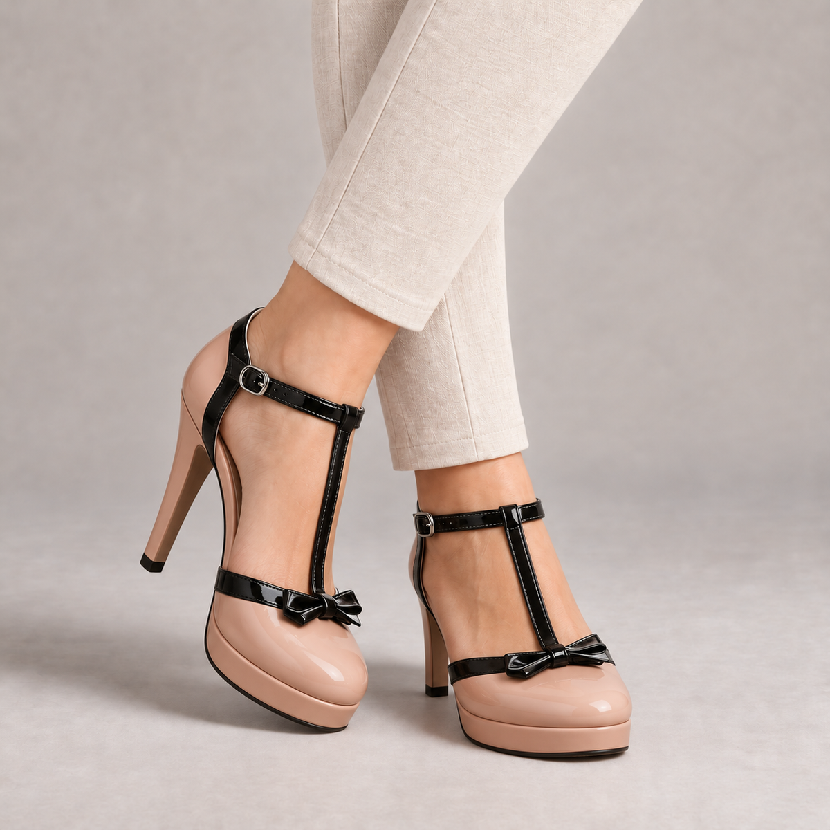 Sylvie Secure-Strap Platform Pumps, Bow — Nude | Emory & Blanc