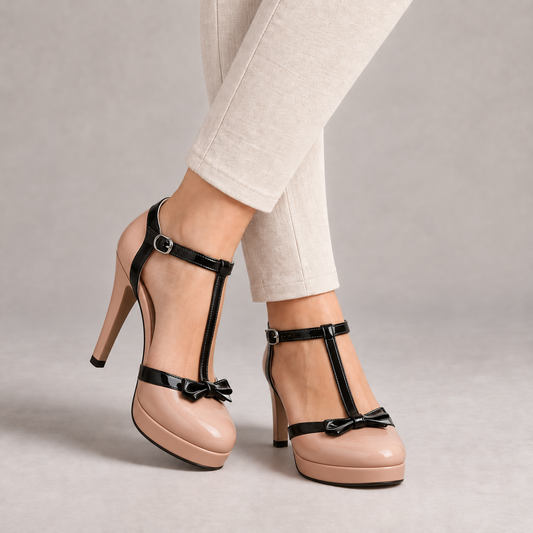 Sylvie Secure-Strap Platform Pumps, Bow — Nude | Emory & Blanc