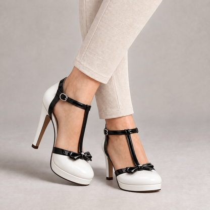Sylvie Secure-Strap Platform Pumps, Bow — White | Emory & Blanc