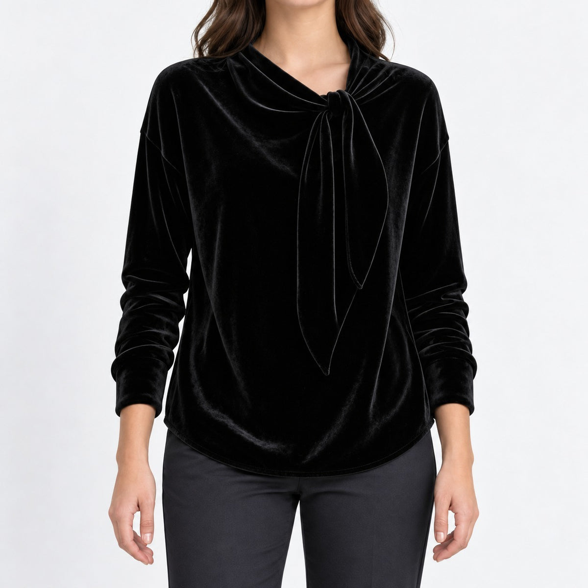 Tabitha Soft Draped Blouse, Side Tie Neck — Black | Emory & Blanc