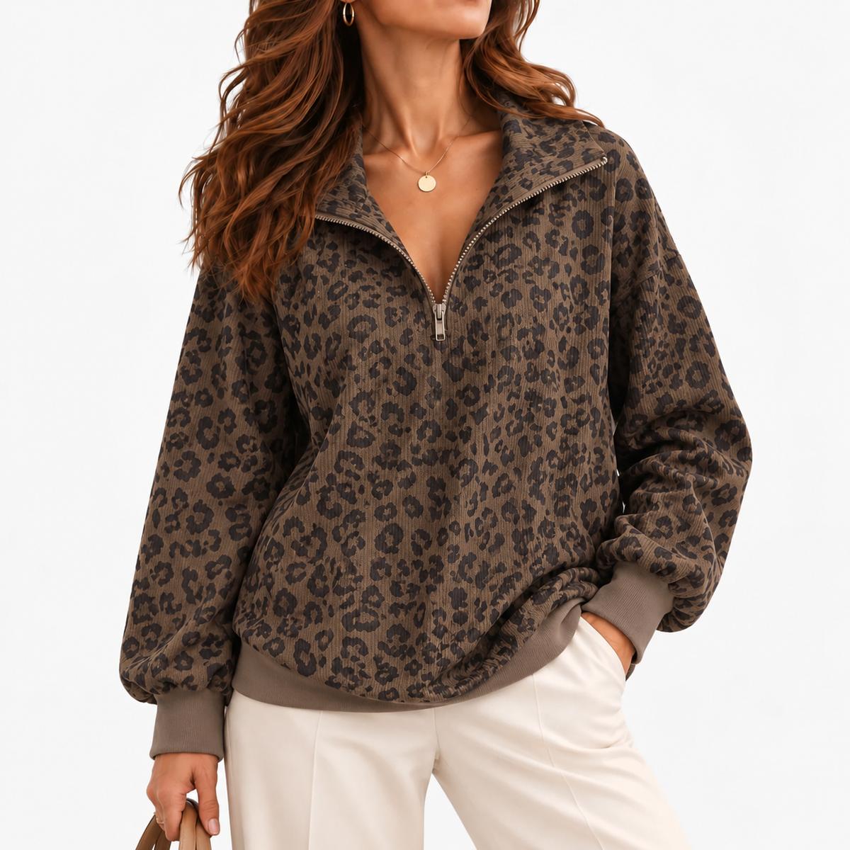 Talia Stretch Pullover, Half-Zip Collar — Coffee | Emory & Blanc
