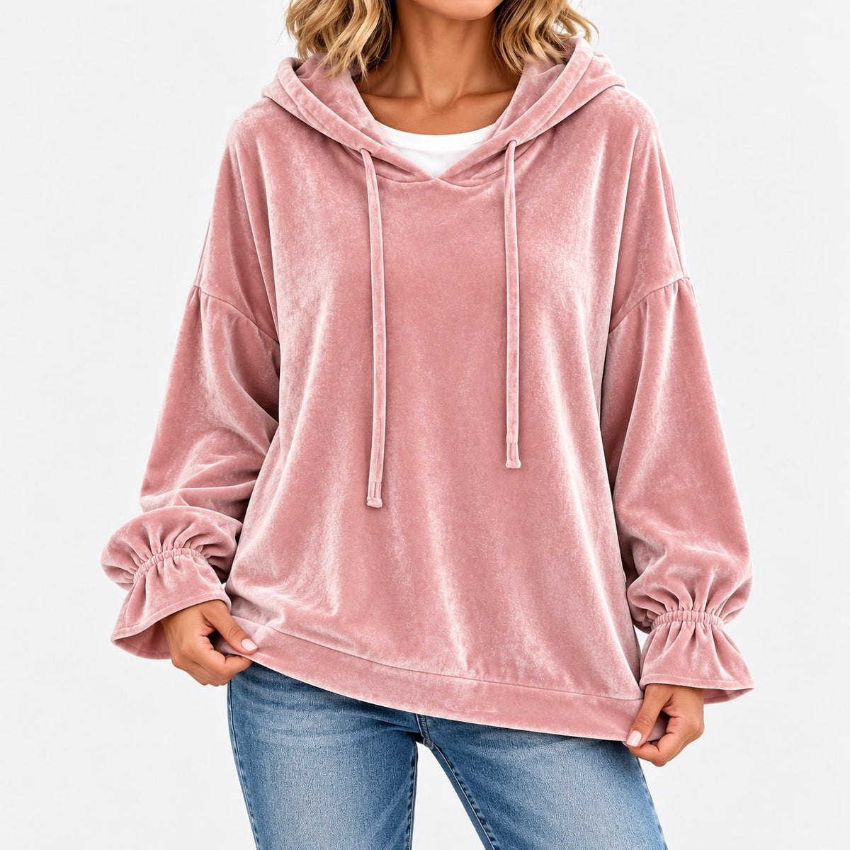 Tallulah Relaxed Fit Hoodie, Ruffle Cuffs — Pink / Red | Emory & Blanc