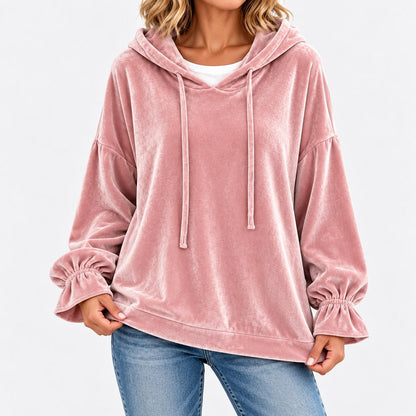 Tallulah Relaxed Fit Hoodie, Ruffle Cuffs — Pink / Red | Emory & Blanc