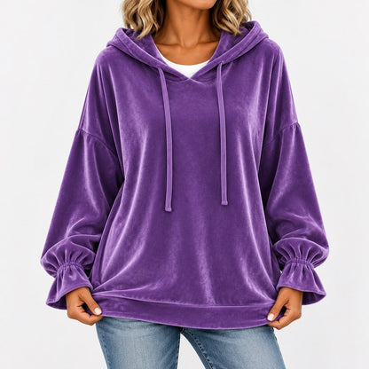 Tallulah Relaxed Fit Hoodie, Ruffle Cuffs — Purple | Emory & Blanc