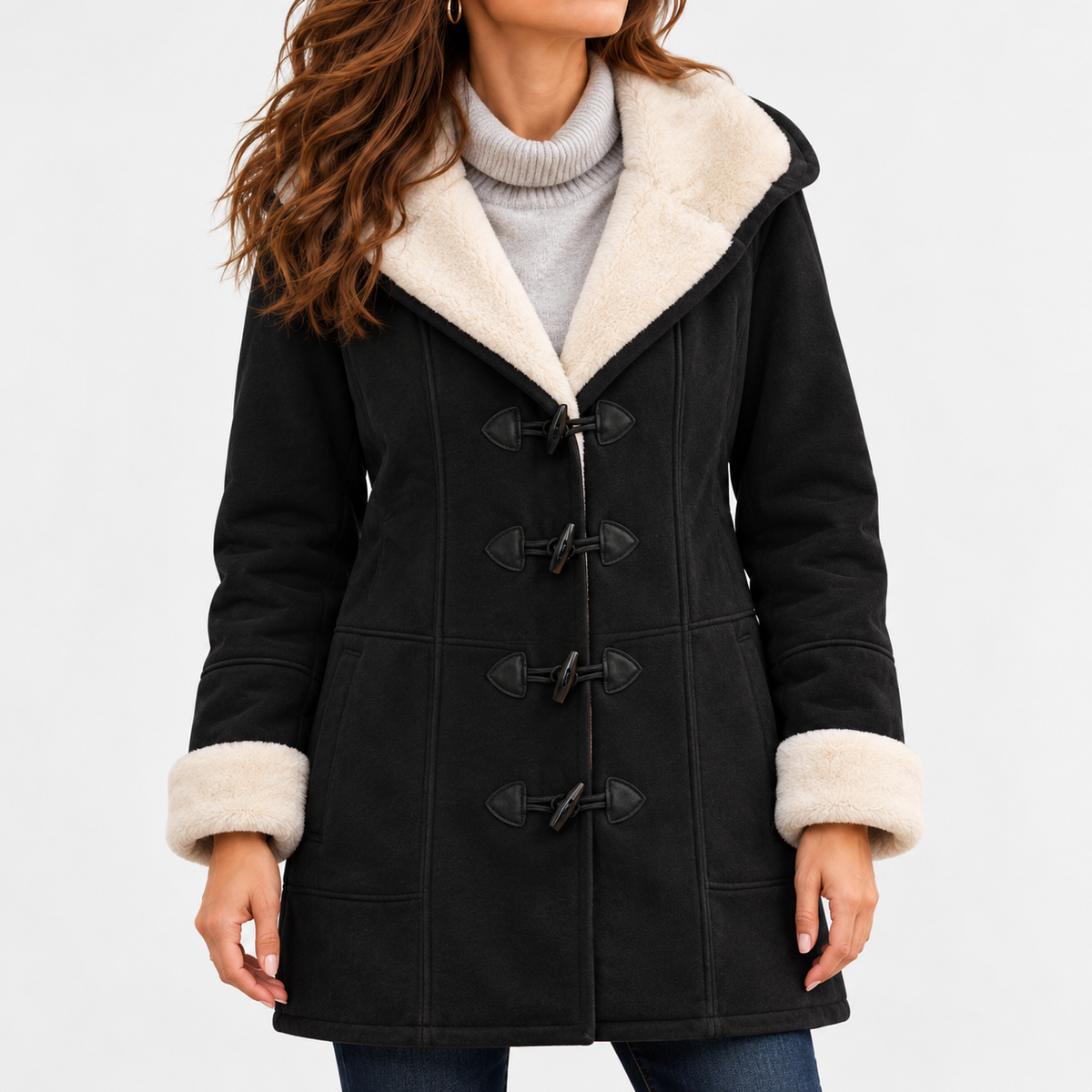 Tamara Comfort Toggle Coat, Plush-Lined Hood — Black | Emory & Blanc