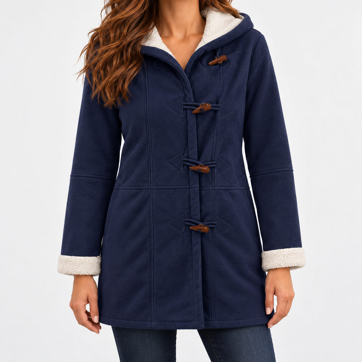 Tamara Comfort Toggle Coat, Plush-Lined Hood — Navy | Emory & Blanc