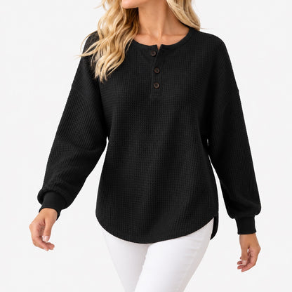 Tilda Comfort Henley Top, Three-Button Placket — Solid Black | Emory & Blanc