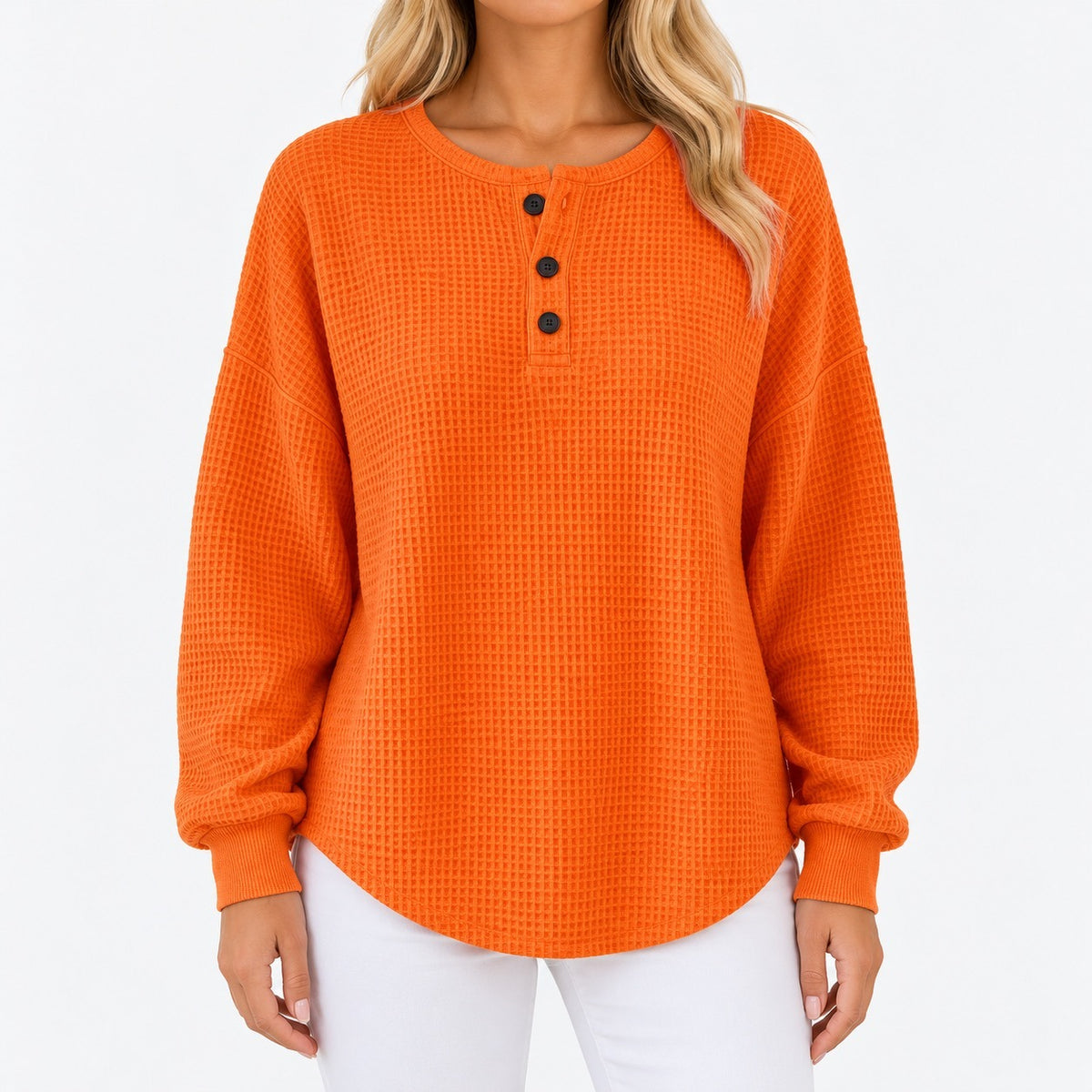 Tilda Comfort Henley Top, Three-Button Placket — Solid Orange | Emory & Blanc