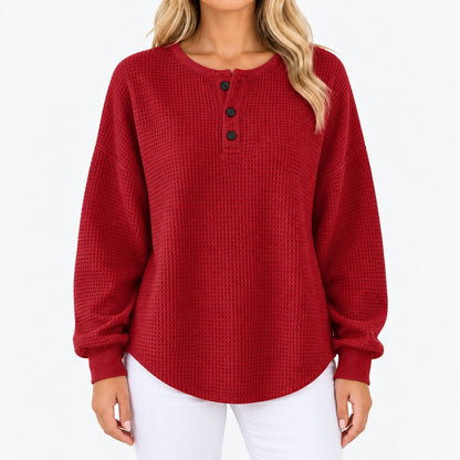 Tilda Comfort Henley Top, Three-Button Placket — Solid Red | Emory & Blanc