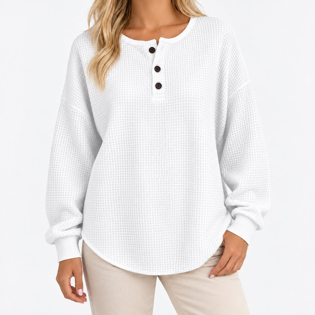 Tilda Comfort Henley Top, Three-Button Placket — Solid White | Emory & Blanc