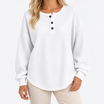 Tilda Comfort Henley Top, Three-Button Placket — Solid White | Emory & Blanc