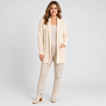 Yvette Stretch Ribbed Open-Front Cardigan — Beige | Emory & Blanc