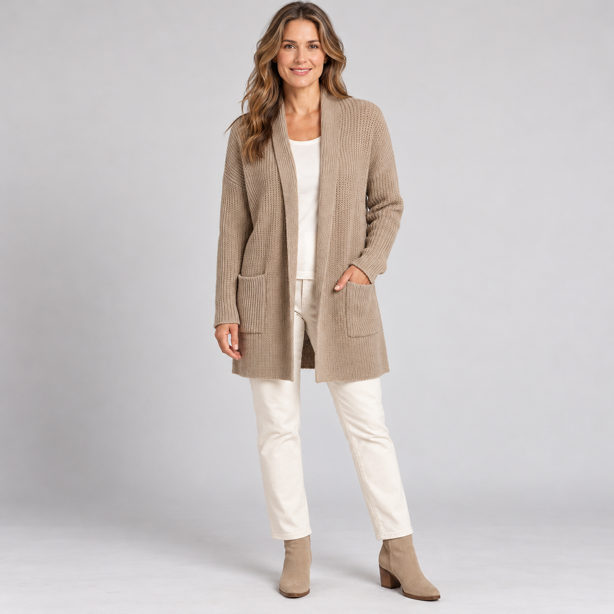 Yvette Stretch Ribbed Open-Front Cardigan — Camel | Emory & Blanc